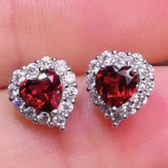 Garnet colored moissanite halo heart earrings NEW IN GIFT BOX